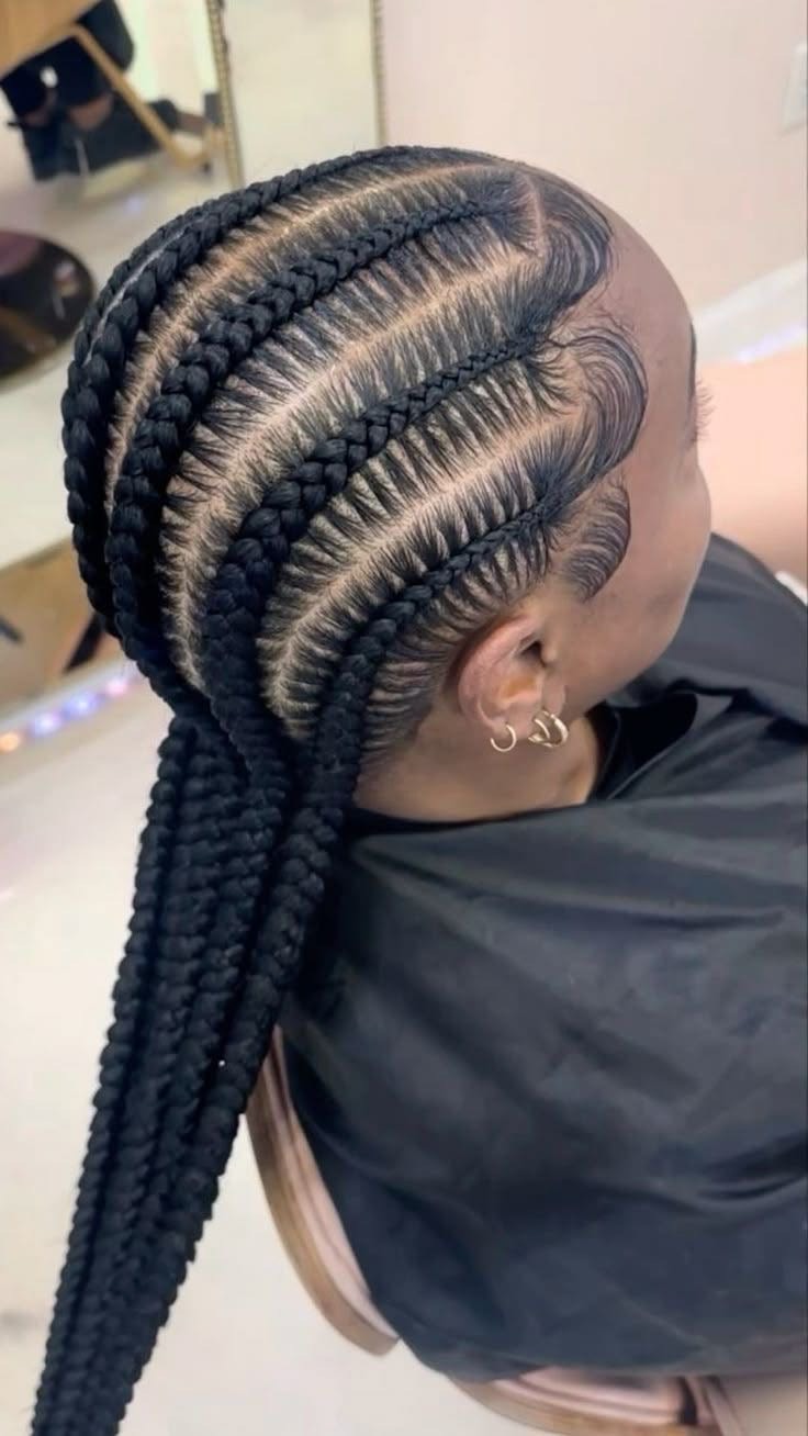 Close-up of stitch braids showing crisp, defined cornrow sections
